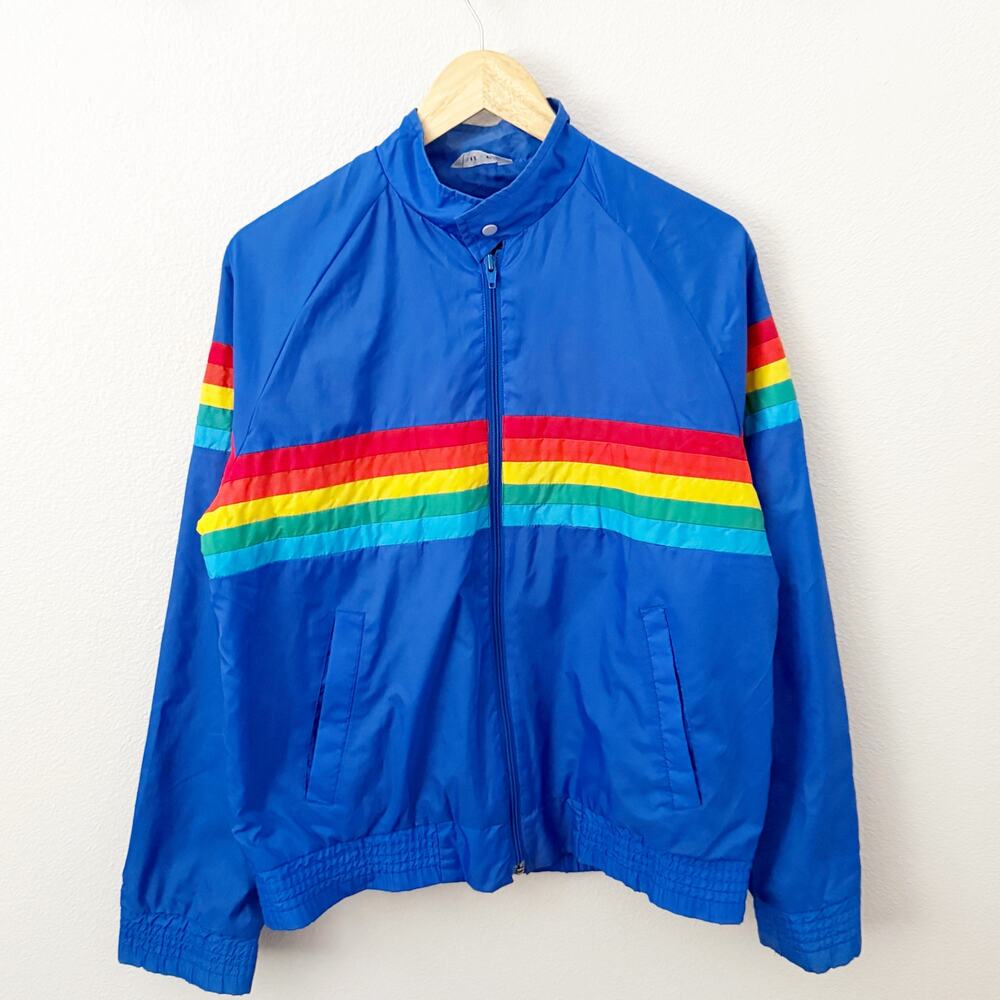 MALIBU BY DUMAR | Vintage Blue Rainbow Windbreaker Jacket Full Zip | Medium